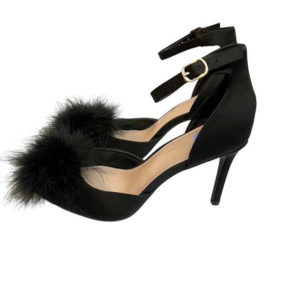 NEW BCBGeneration Abiny Feather Pom Pom Heels Black Pointy Ankle Strap Stiletto - Picture 3 of 7